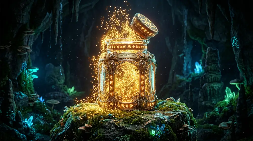 A large glowing jar filling with golden SporeDust