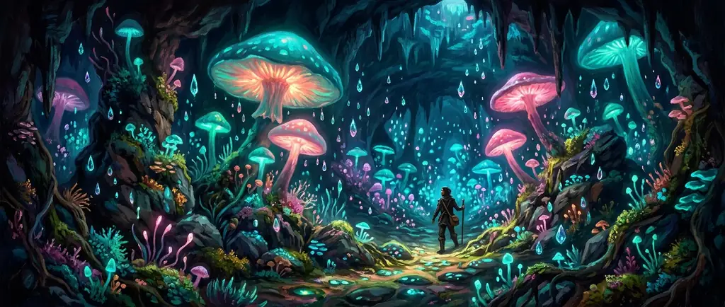 Glowing subterranean fungal forest