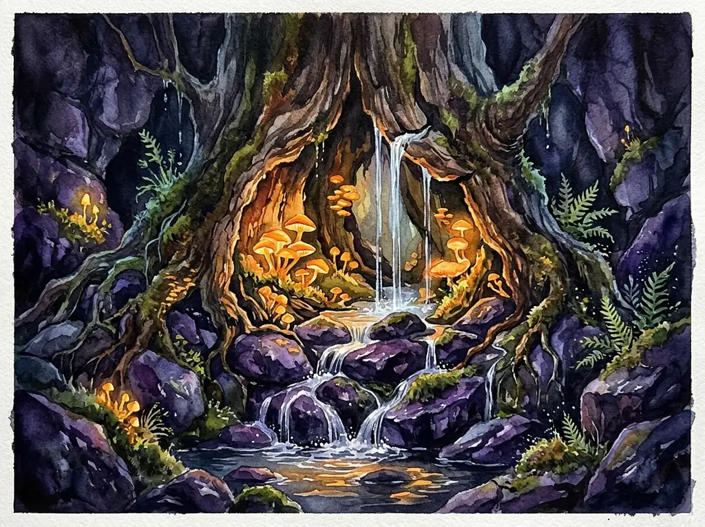 Bioluminescent mushrooms glowing in a dark cave